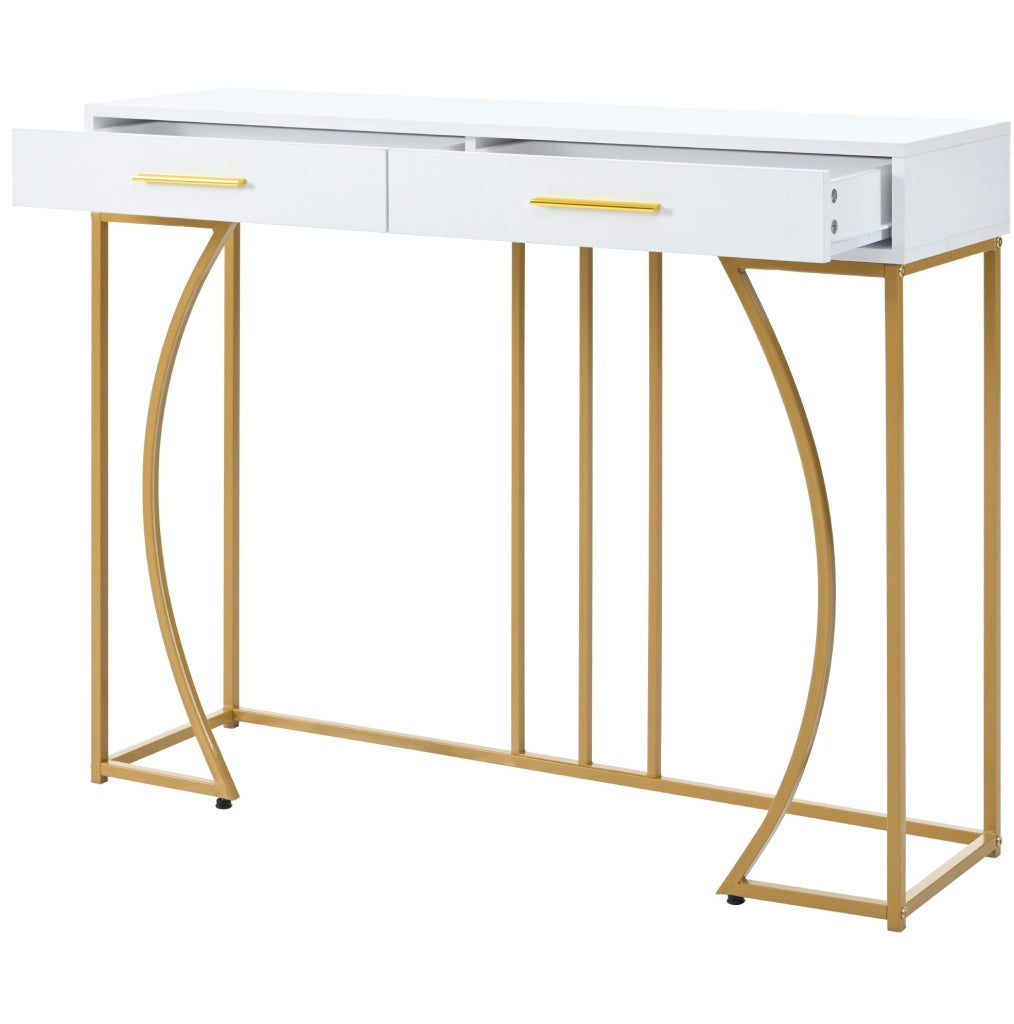 Tavolo consolle bianco e oro con 2 cassetti, metallo e piano in MDF, 110x32x85 cm