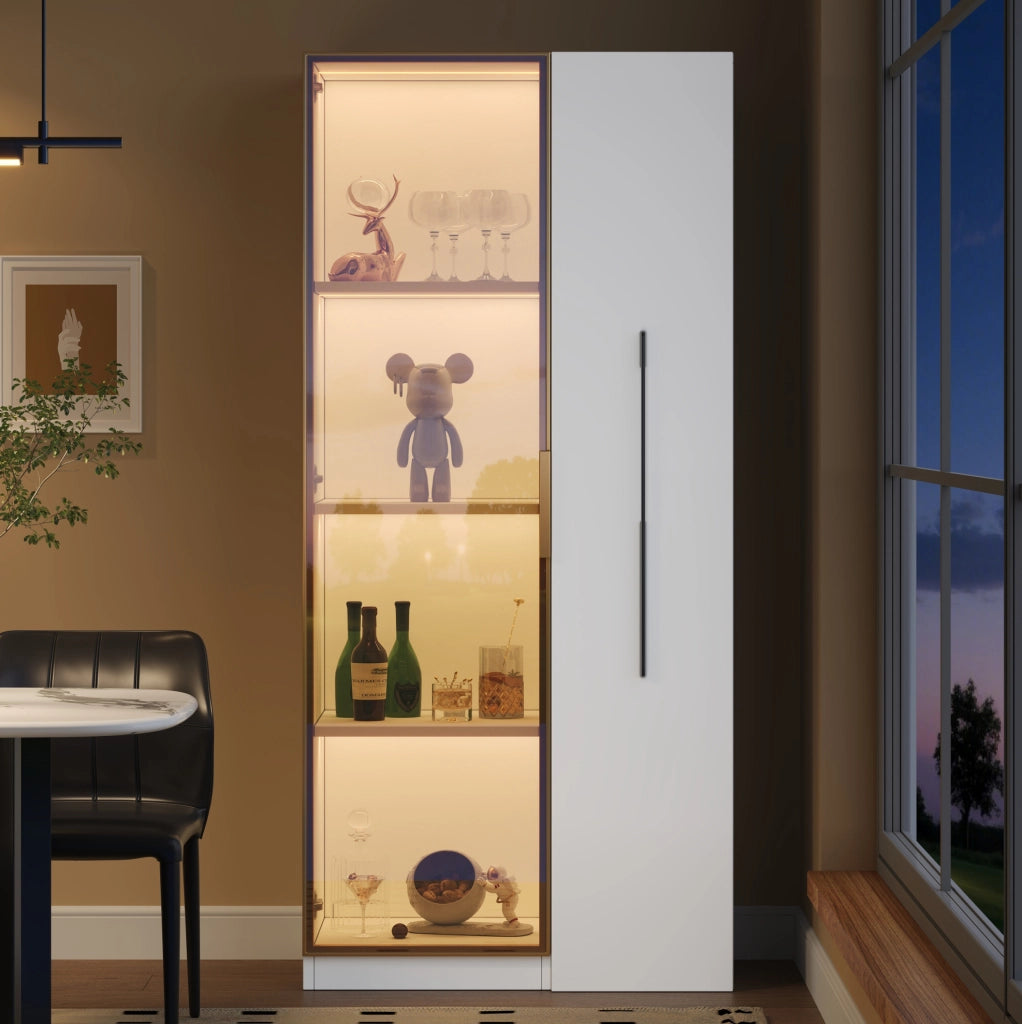 Vetrina moderna 70x40x160 cm con illuminazione LED; vano laterale; in MDF bianco