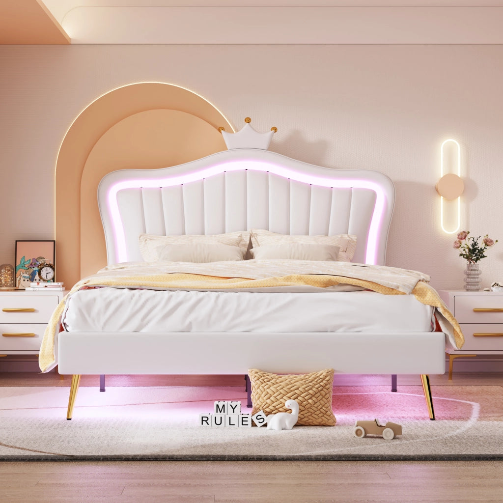 Letto a corona per bambine con LED; testiera regolabile e doghe; ecopelle bianca; 140x200 cm; senza materasso