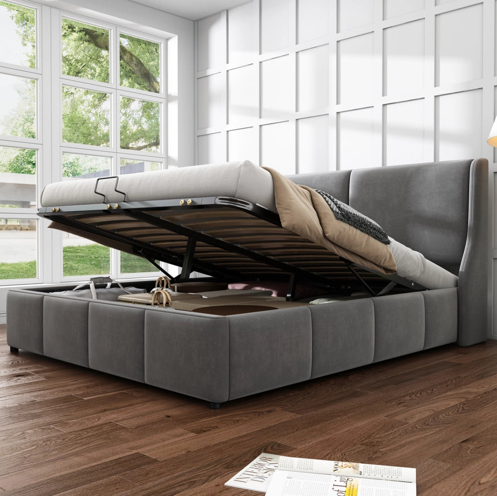 Letto matrimoniale in velluto grigio con contenitore 140x190 cm
