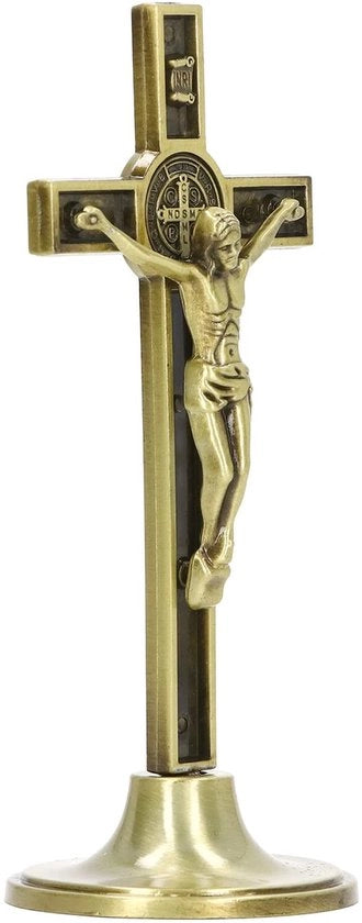 Croce in Legno da Parete - Disegno Luminoso - Base Rimovibile - Candelabro a Croce - Acciaio Inox - Progetto Brillante - Croce da Tavolo