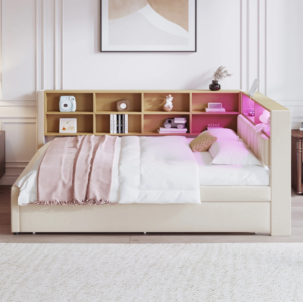 Divano letto 140x200 cm con letto estraibile 90x190 cm; LED e porte di ricarica in flanella