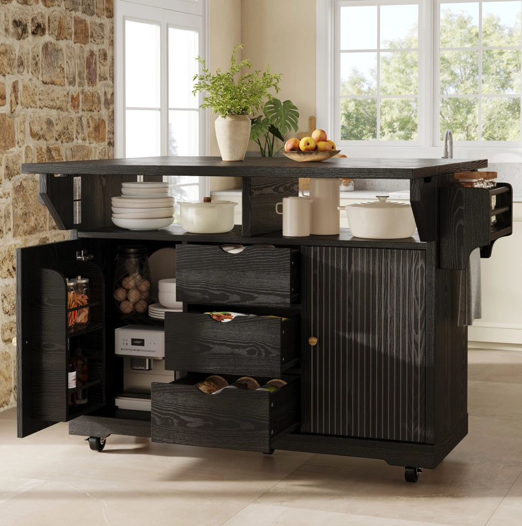 Carrello da cucina nero con ripiani pieghevoli e 3 cassetti