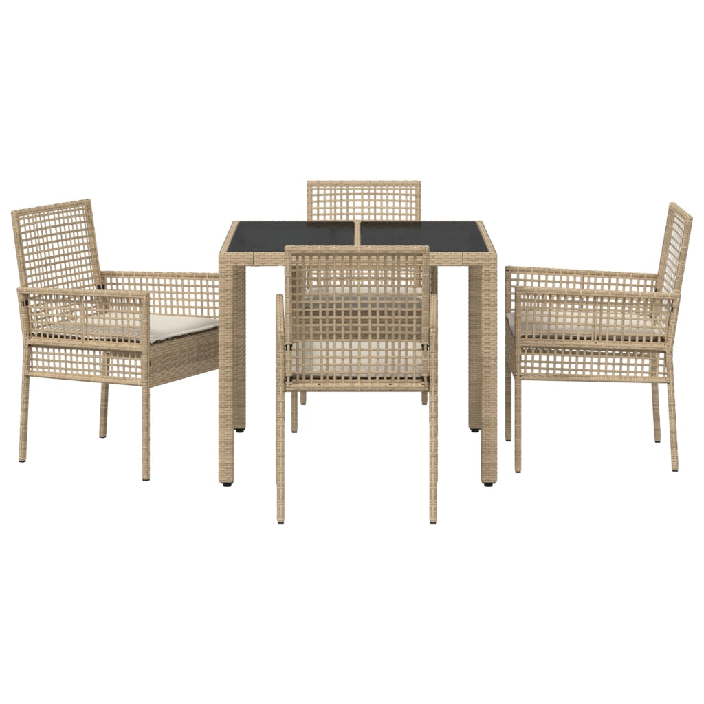 Set da Pranzo da Giardino a 5 Pezzi con Cuscini Beige in Polyrattan