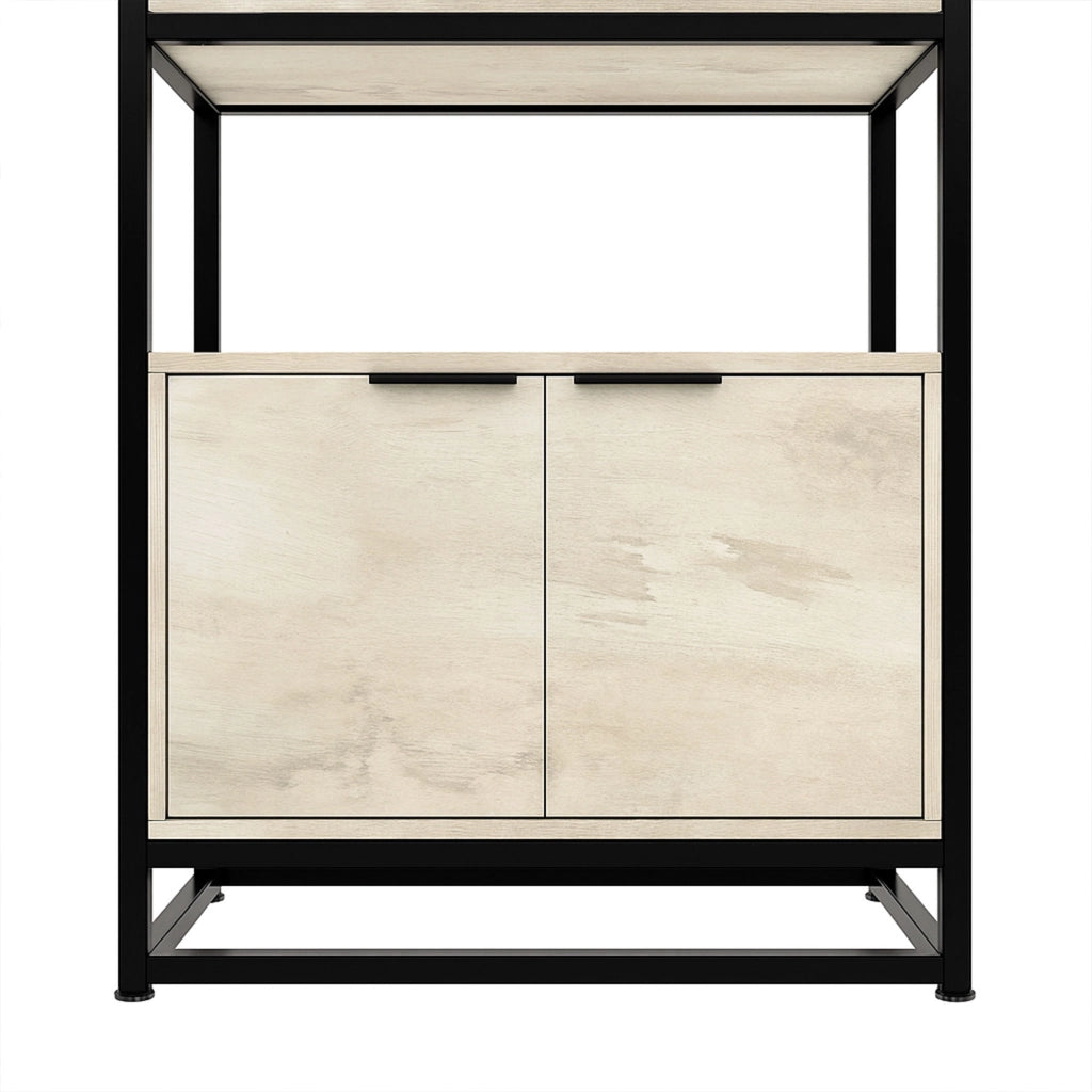 Edo - Scaffale Libreria a Muro 76x162,5x33,5 cm 3 Ripiani con Mobiletto 2 Ante in Legno Bleach Struttura in Metallo Nero