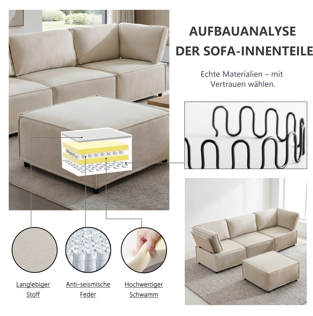 Divano modulare componibile in lino beige con struttura in legno, design versatile e adattabile per ogni ambiente