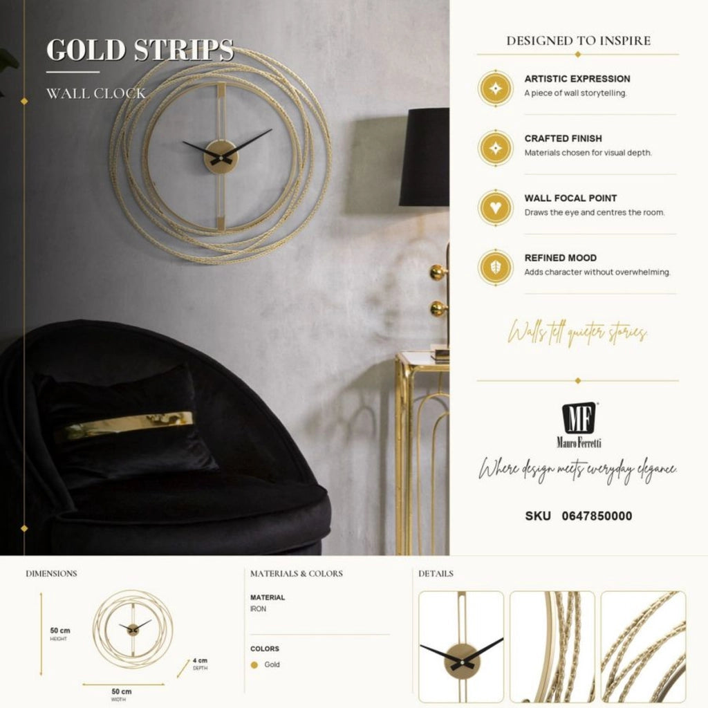 Orologio da parete Gold Strips con anelli concentrici in ferro oro