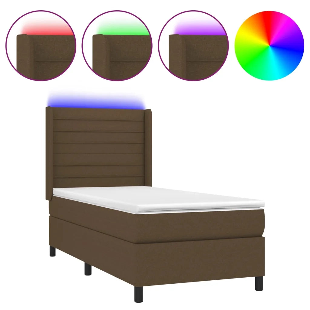 Letto a Molle Materasso e LED Marrone Scuro 90x190cm in Tessuto 3138360