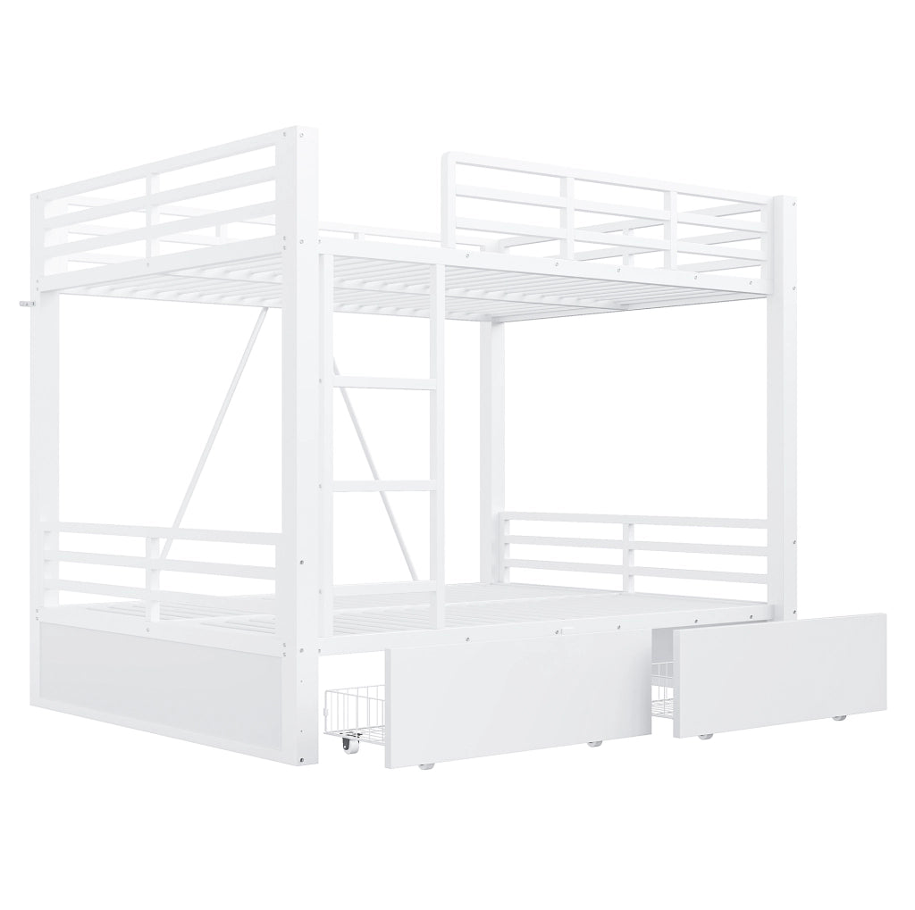 Letto a castello 140x200 cm con cassetti e scala in metallo e legno bianco