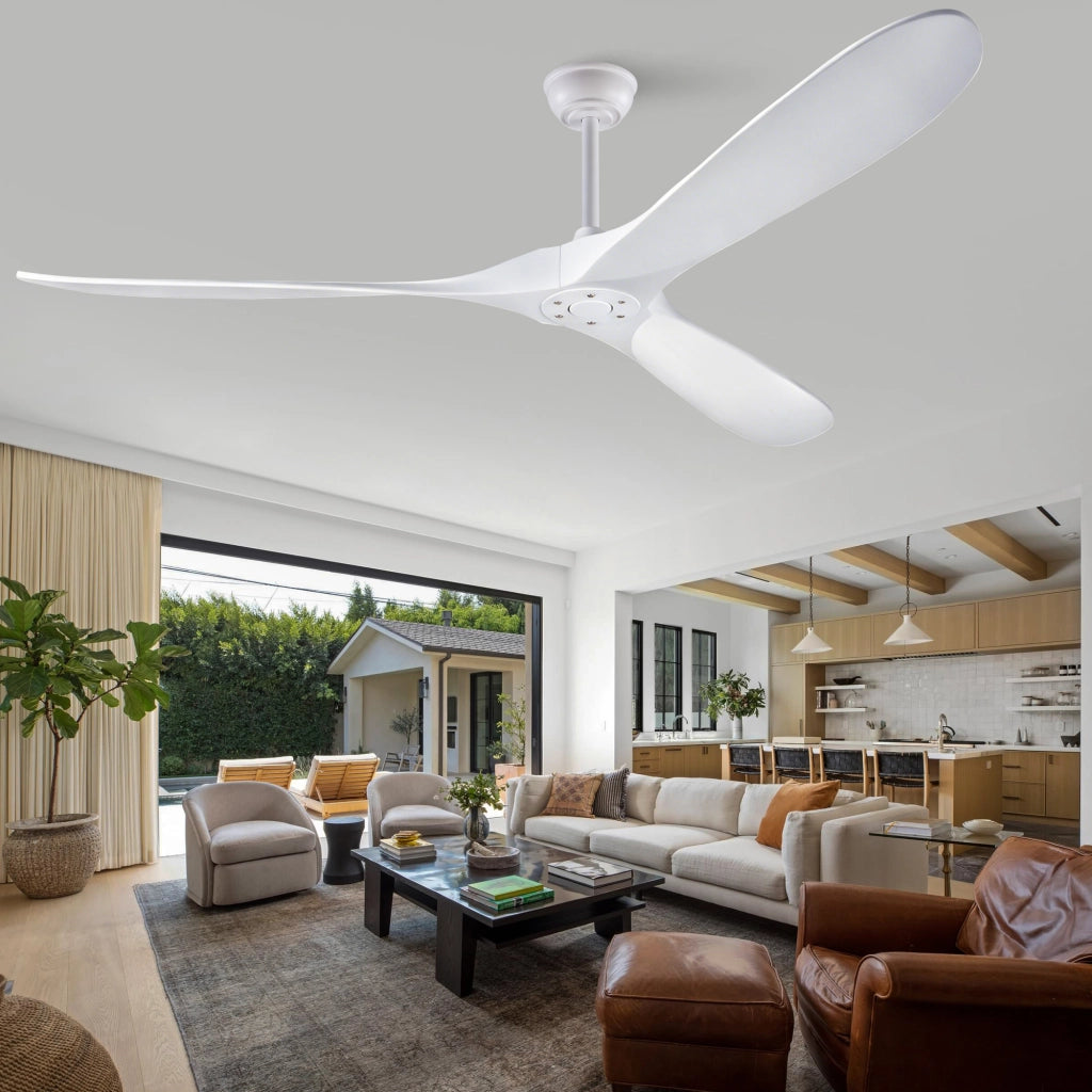 Ventilatore da soffitto bianco design moderno 70 pollici, 3 pale legno massello, senza illuminazione, motore DC reversibile silenzioso
