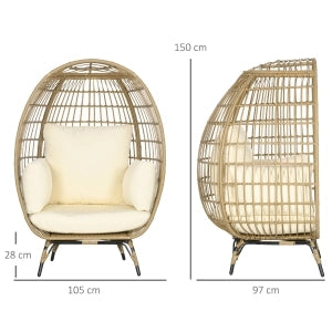 Poltrona a sospensione in rattan con cuscini, struttura in acciaio, colore kaki, 105 x 90 x 148 cm