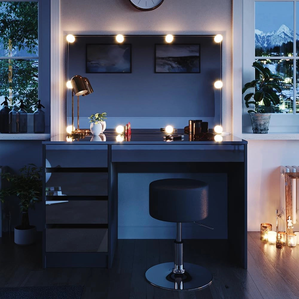 Tavolo da toeletta Sherry, Antracite, 120 cm con illuminazione a LED e sgabello, con illuminazione LED e sgabello coordinato