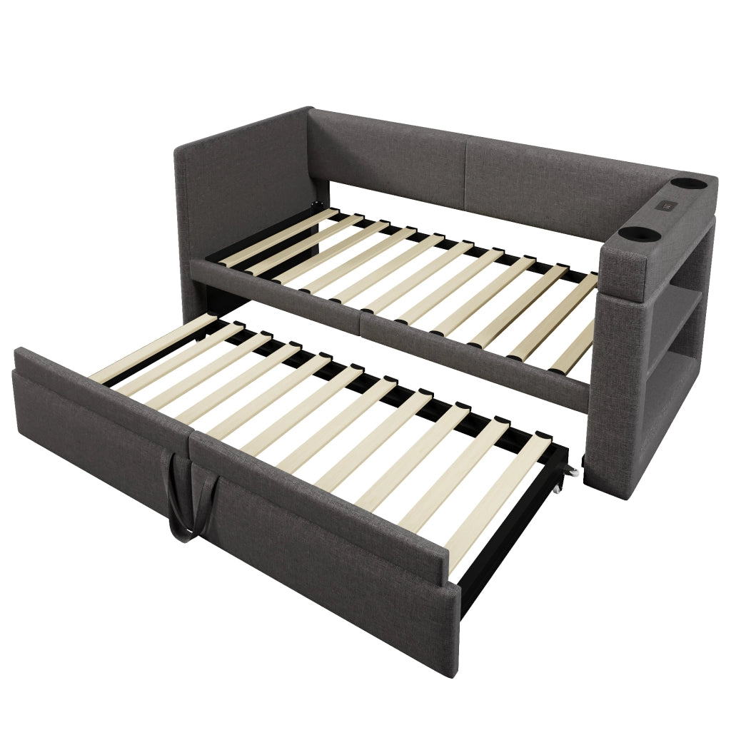 Divano letto ULEVR 90x200 cm con letto estraibile, USB, Type-C e portabicchieri, grigio