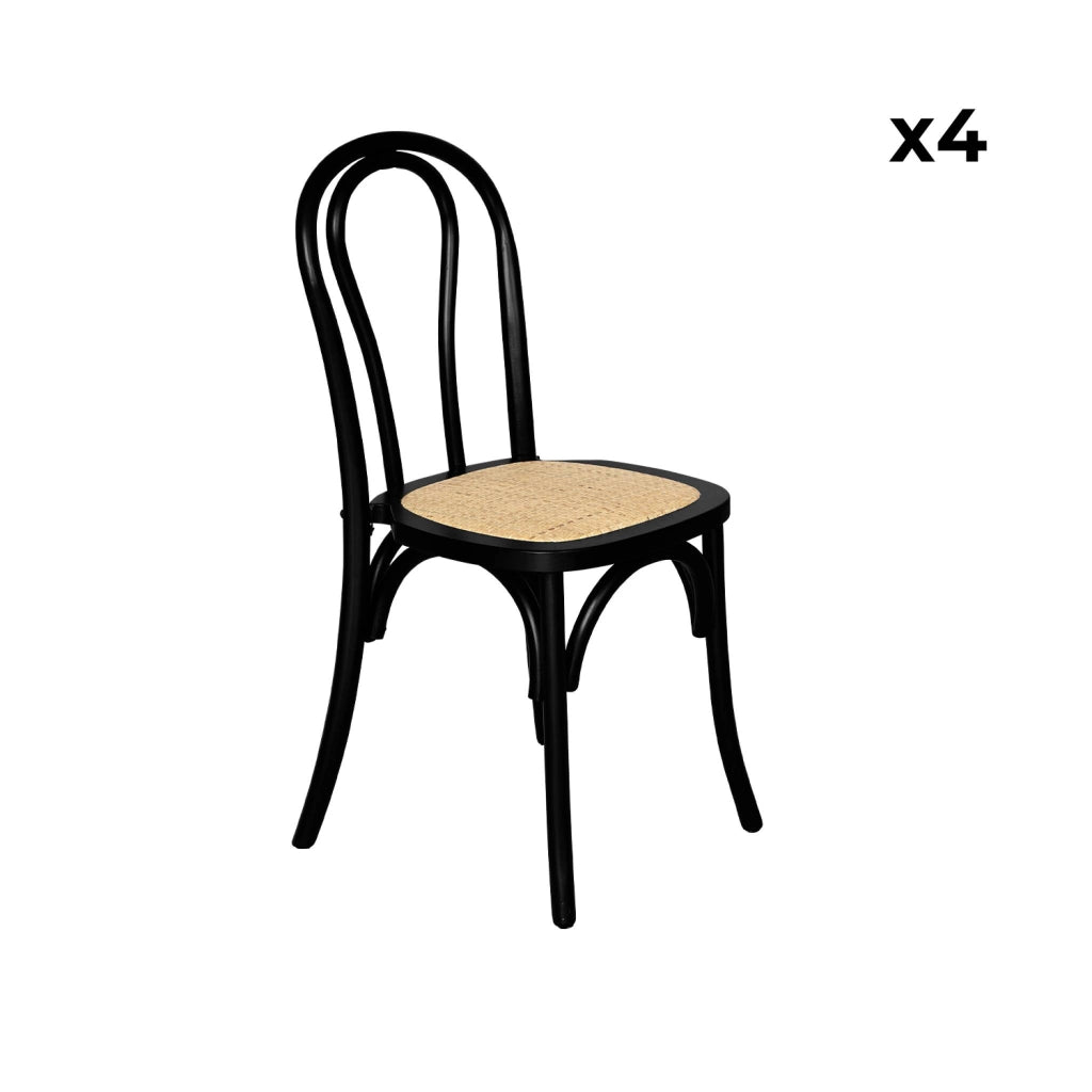 Set di 4 sedie vintage in legno e rattan, nero