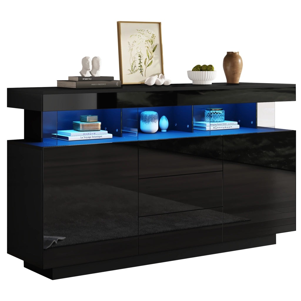Credenza Moderna Nera Lucida 140 cm con 3 Cassetti e 2 Ante; Mobile Soggiorno con LED