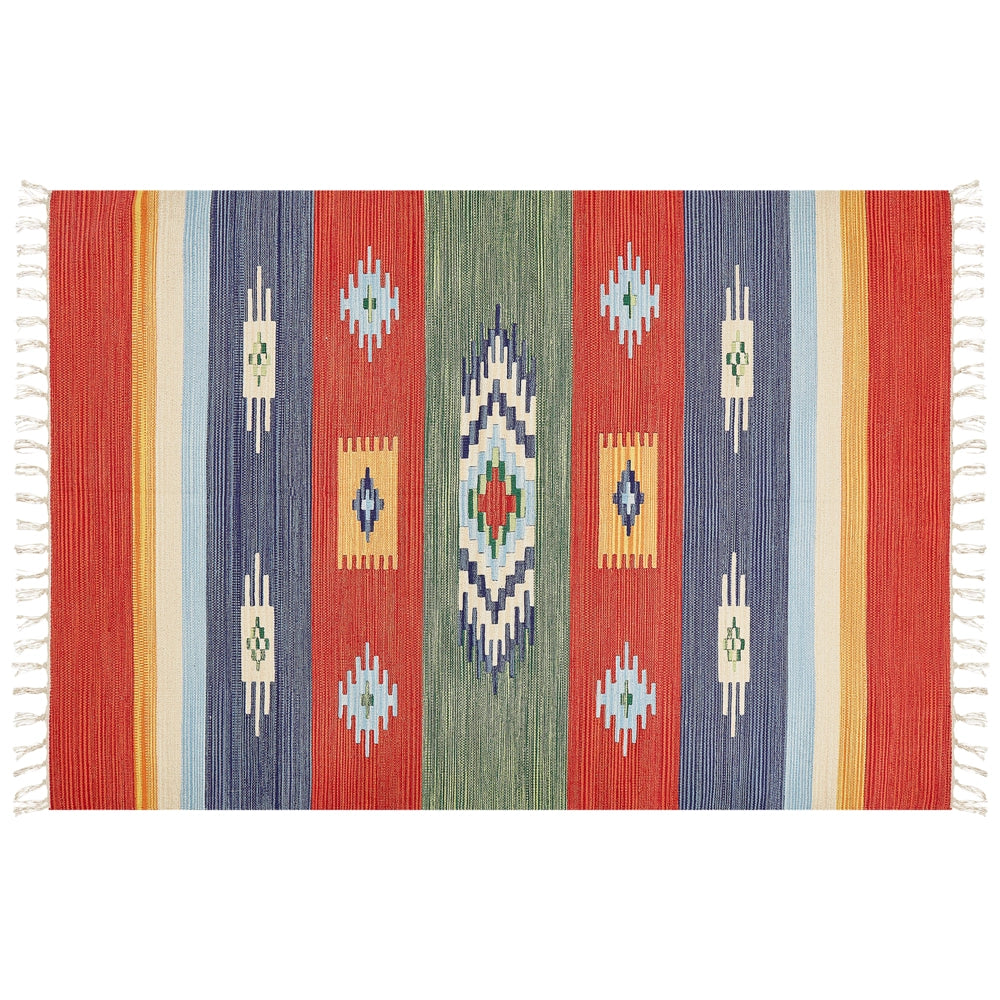 Tappeto Kilim in cotone tessuto a mano reversibile con motivi geometrici e nappe multicolore 140 x 200 cm soggiorno camera da letto