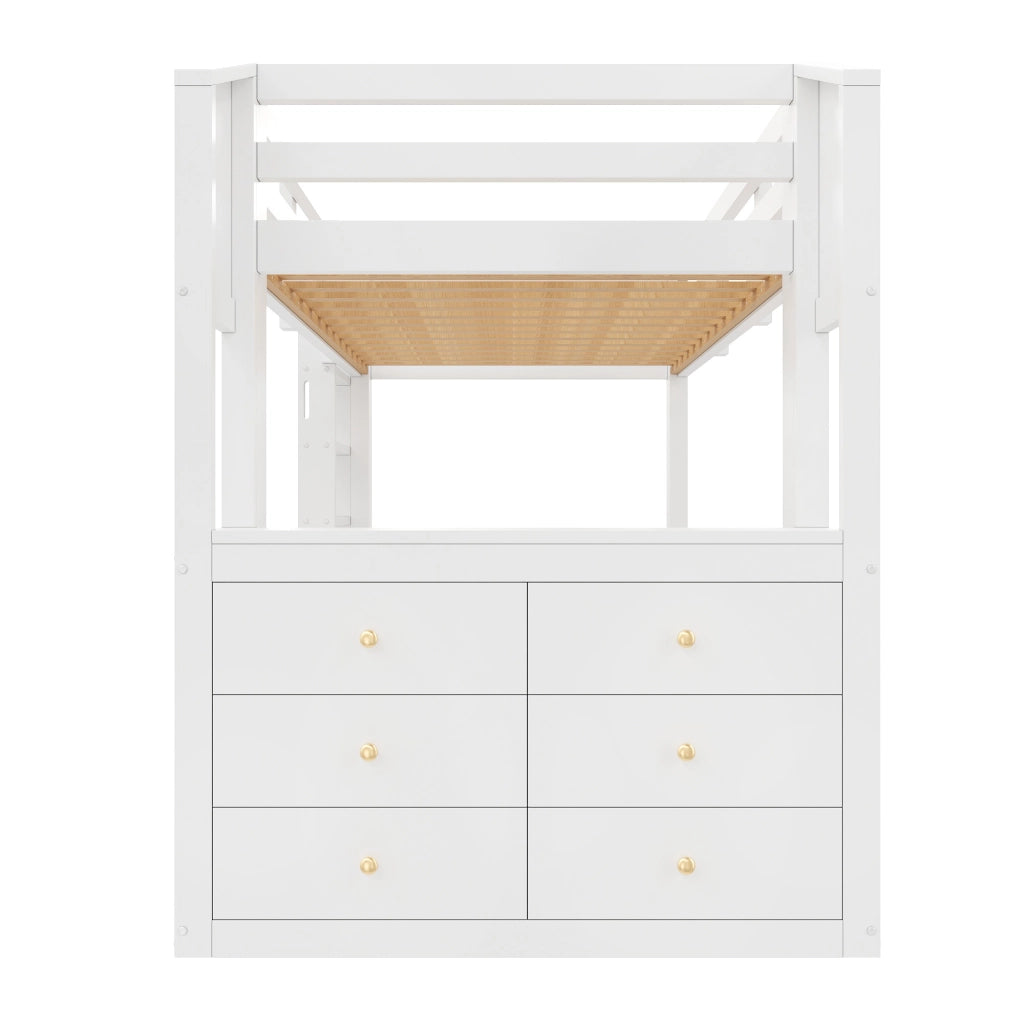 Letto a Soppalco 90x200 cm; Letto Singolo con 3 Cassetti; Mensole e LED - Bianco
