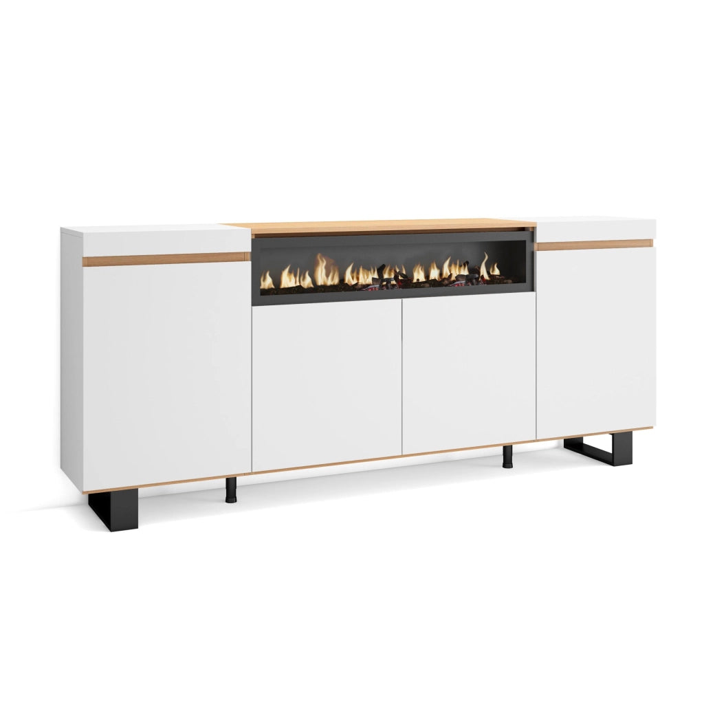 Credenza, Mobile, Cucina, 200x87x35cm, 4 Porte, Camino elettrico, Design industriale, Bianco e Rovere soft