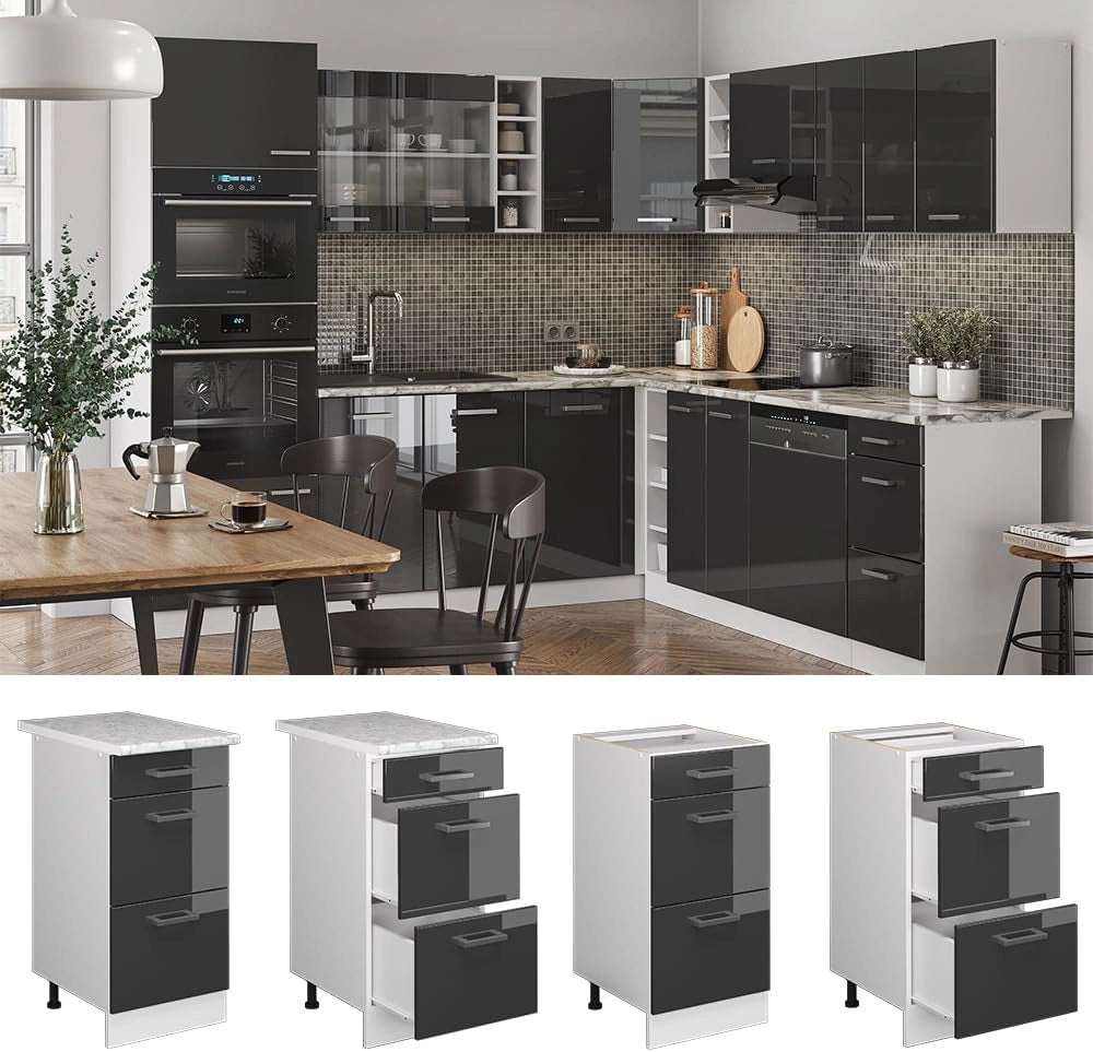 Mobiletto base per cucina R-Line, Antracite lucido, 40 cm con cassetti, senza piano di lavoro, per la libera combinazione all'interno di sistemi cucina modulari