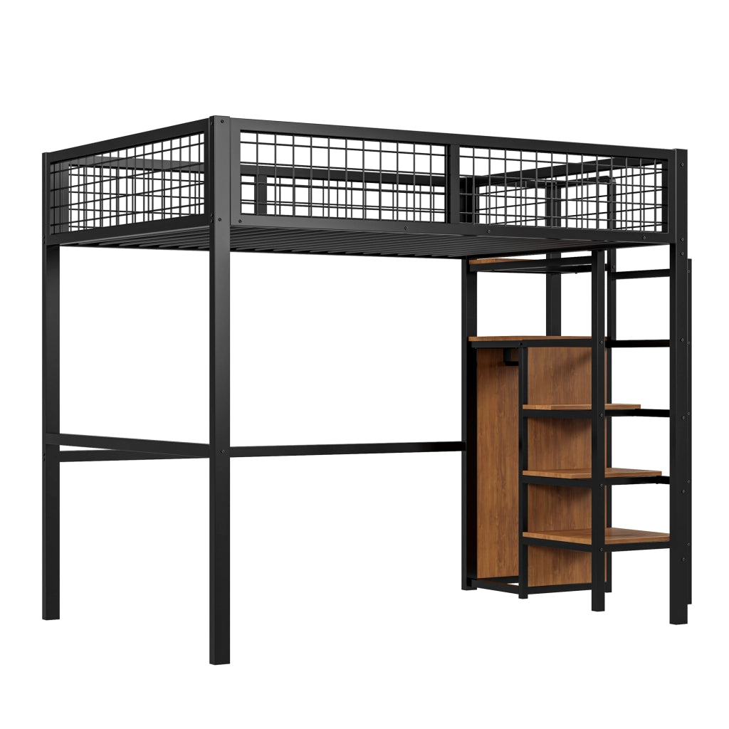 OKWISH Letto a Soppalco 140×200 cm, Letto Matrimoniale con Scala, Mensole e Armadio, senza Materasso, in Metallo, Nero