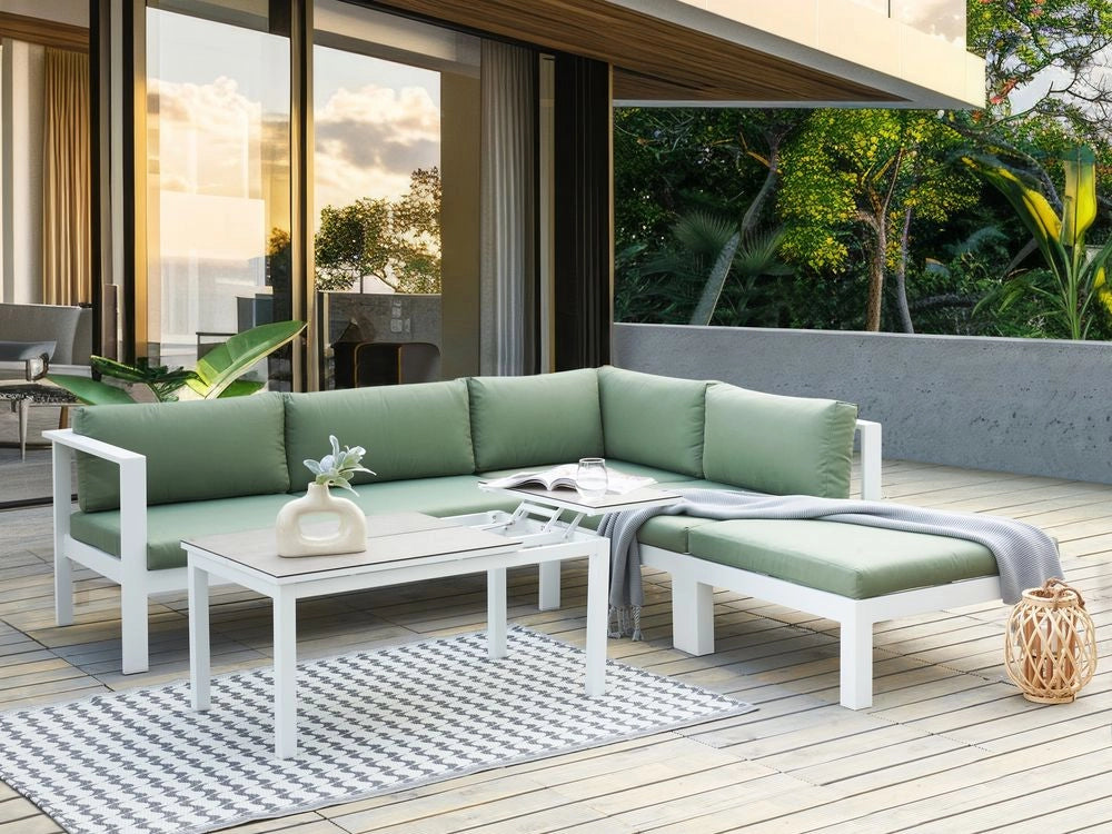 Set da giardino divano 5 posti e tavolo elevabile con struttura bianca e piano in vetro e cuscini bianchi e verdi stile moderno scandinavo