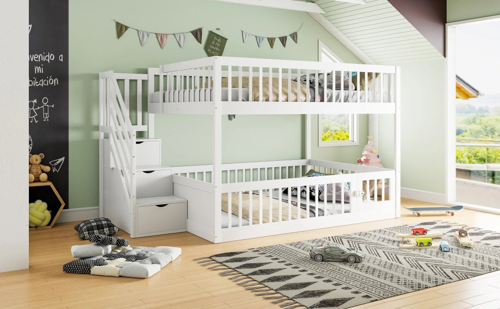 DESMIU Letto a castello 140 × 200 cm 2 posti con cassetti e scala, senza materasso, in legno, bianco