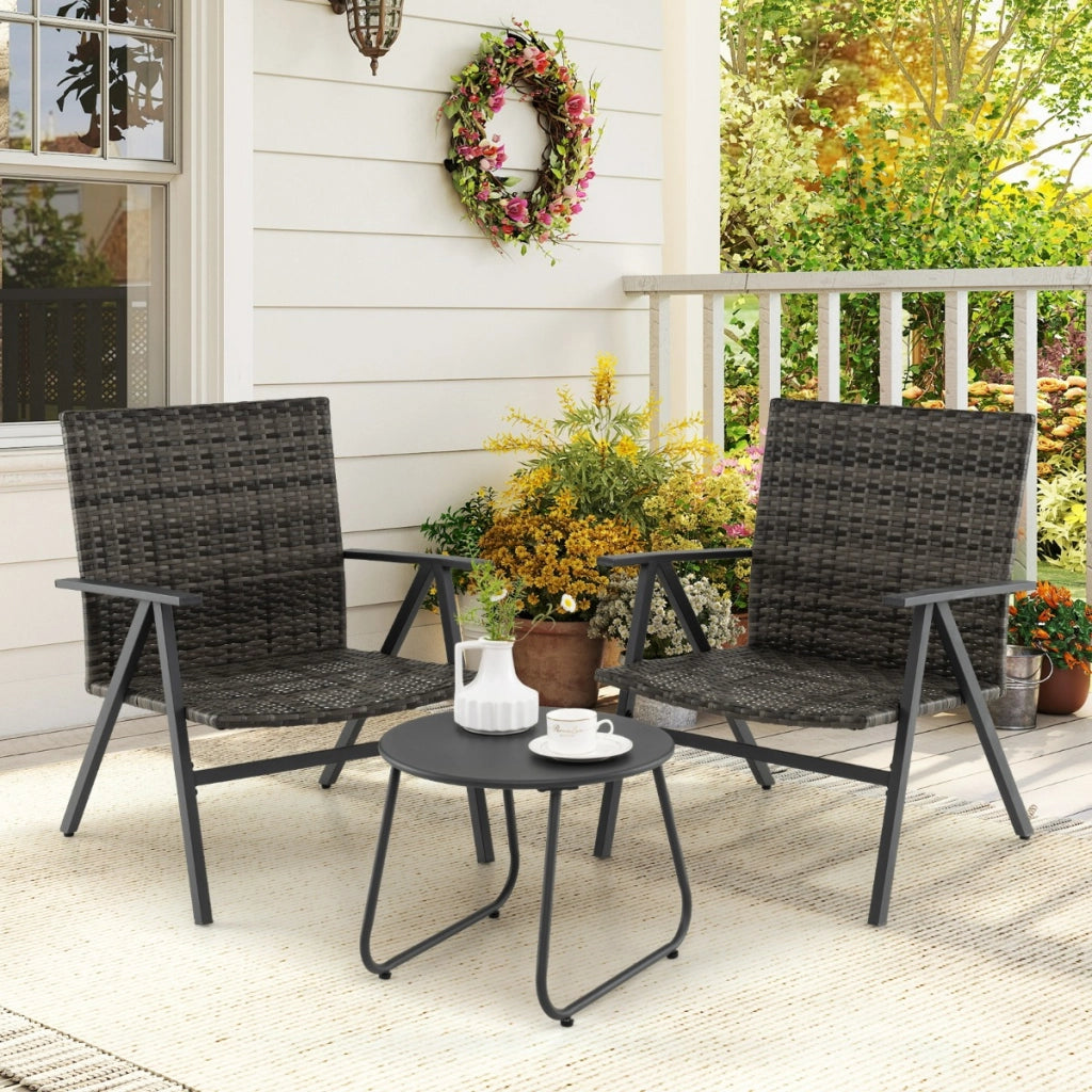Set bistro da 3 pezzi per patio con schienale e seduta in rattan, Set conversazioni con tavolino rotondo per balcone Grigio-Set mobili da esterno