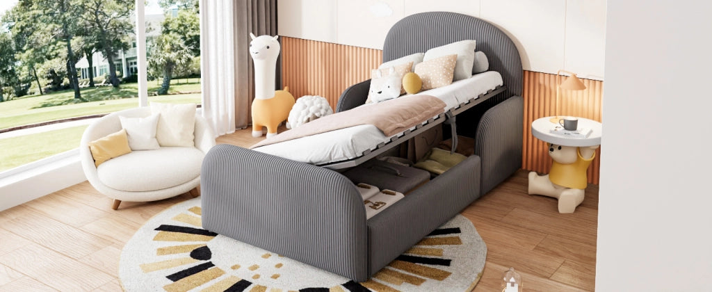 DESMIU Letto per bambini 90 × 200 cm con vano contenitore idraulico e sponde di sicurezza, senza materasso, in velluto, grigio