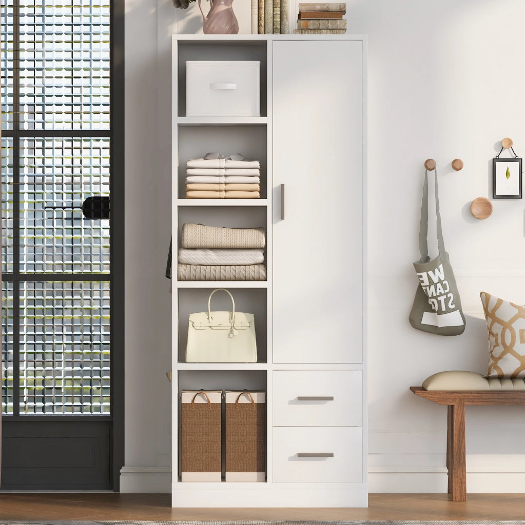 Armadio a 1 anta con cassetti e 2 barre appendiabiti; 70 × 50 × 170 cm; bianco