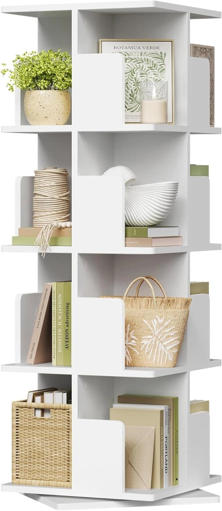Libreria Girevole a 360°, Scaffale Multilivello Moderno con Kit Antiribaltamento, Ripiano per Soggiorno Ufficio, 40x40x129cm, Bianco