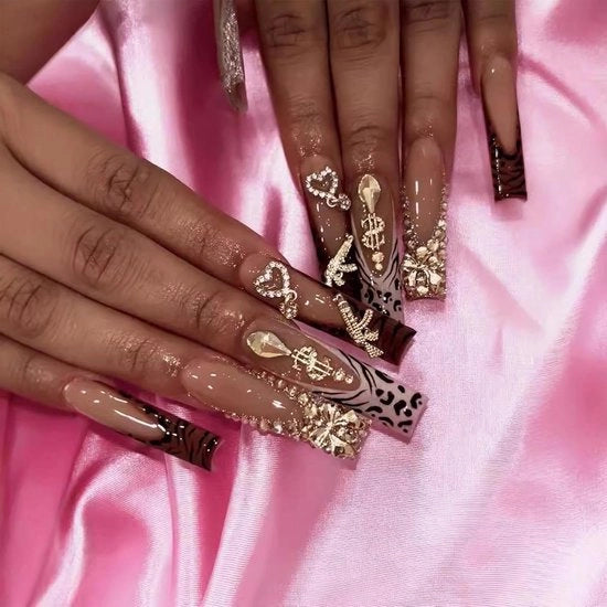 Set da unghie falso da 24 pezzi a forma quadrata con disegni di animali e pietre strass - Falsi unghia per manicure femminile - Tema Halloween