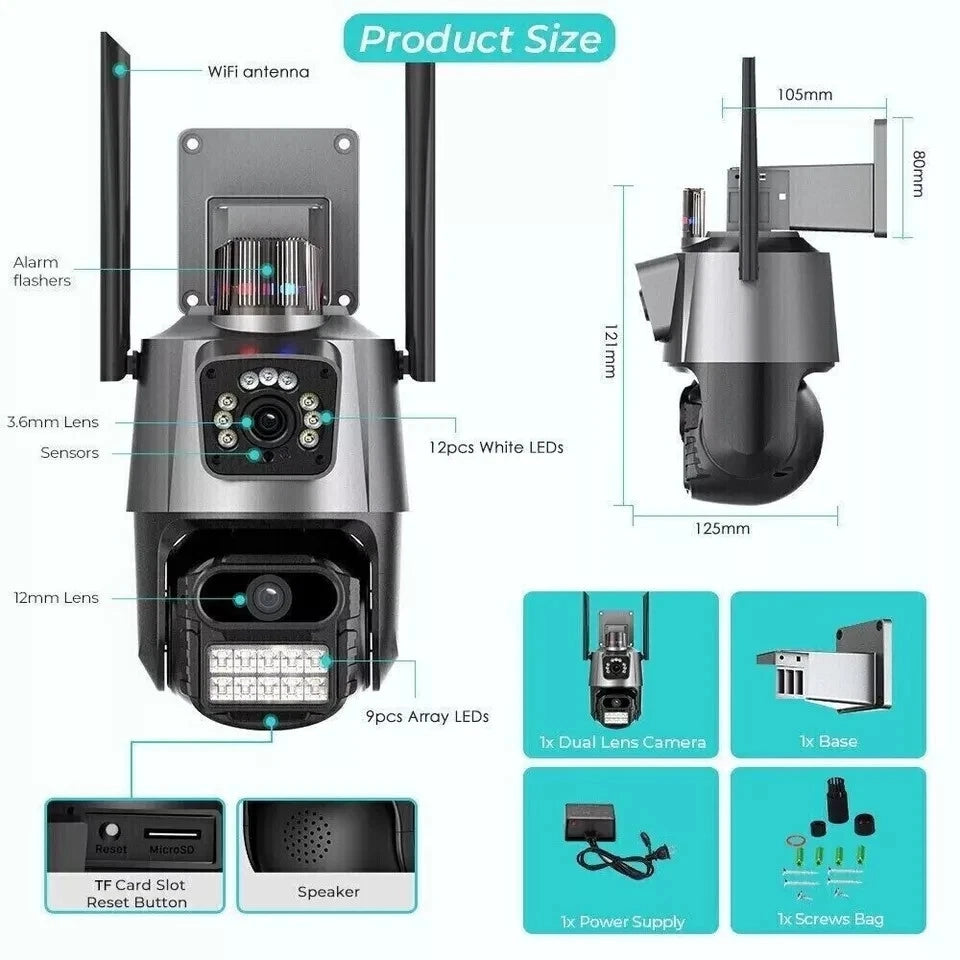 Telecamera di Sicurezza WiFi 4K PTZ Impermeabile IP66 Doppio Obiettivo APP ICSEE