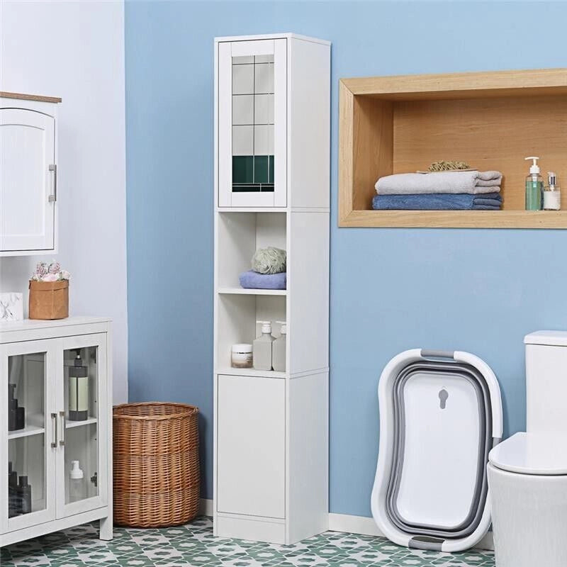 COLONNA BAGNO IN LEGNO CON SPECCHIO E APERTURA A PRESSIONE 30X28X170CM BIANCO