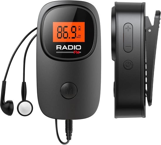 Radio FM portatile con clip - Eccellente ricezione - Display LCD chiaro - Presa dei canali preferiti - Funziona con batterie AAA - Adatto per passeggiate, corsa, riunioni, ecc.