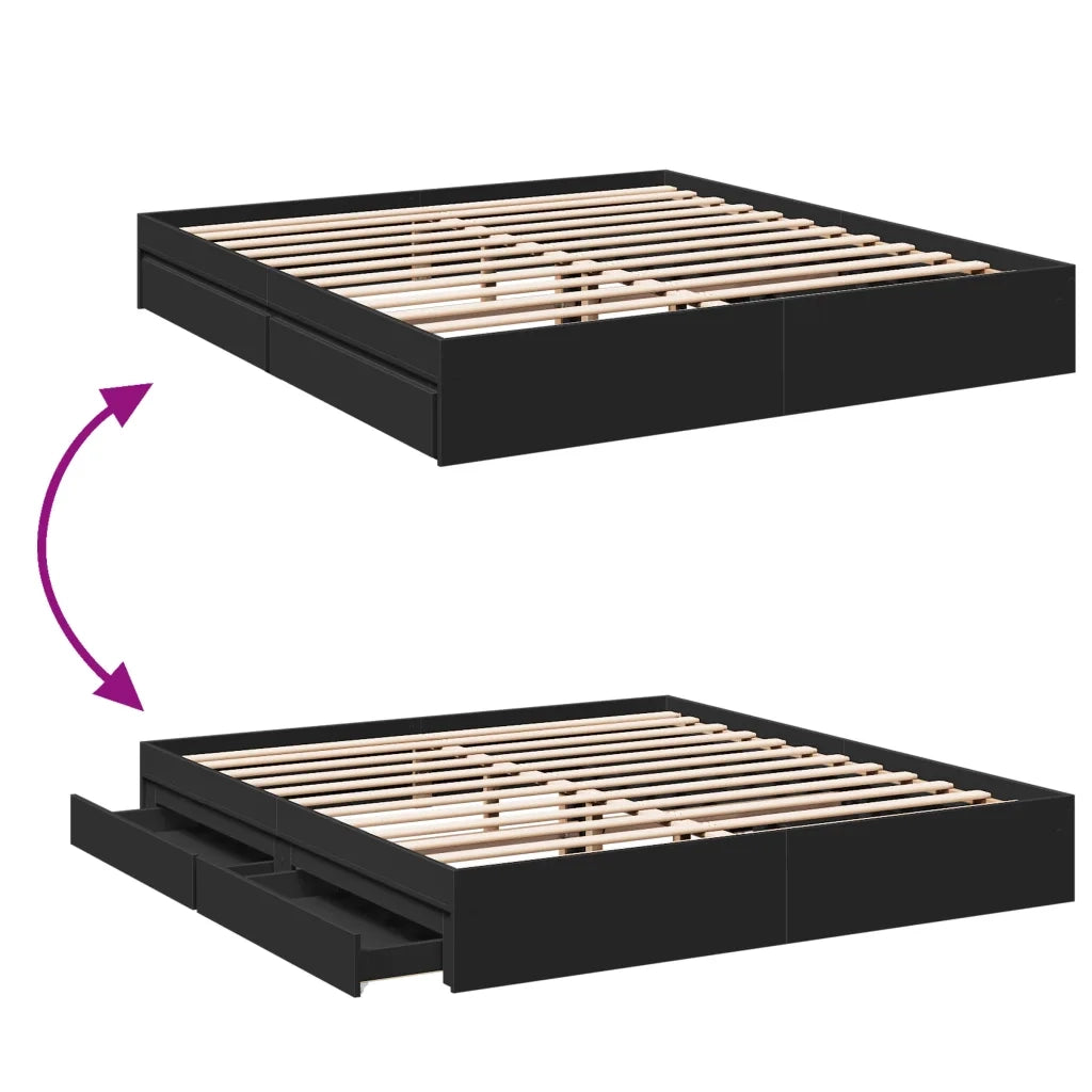 Letto matrimoniale | Letto per adulti | Giroletto con Cassetti Nero 200x200 cm in Legno Multistrato