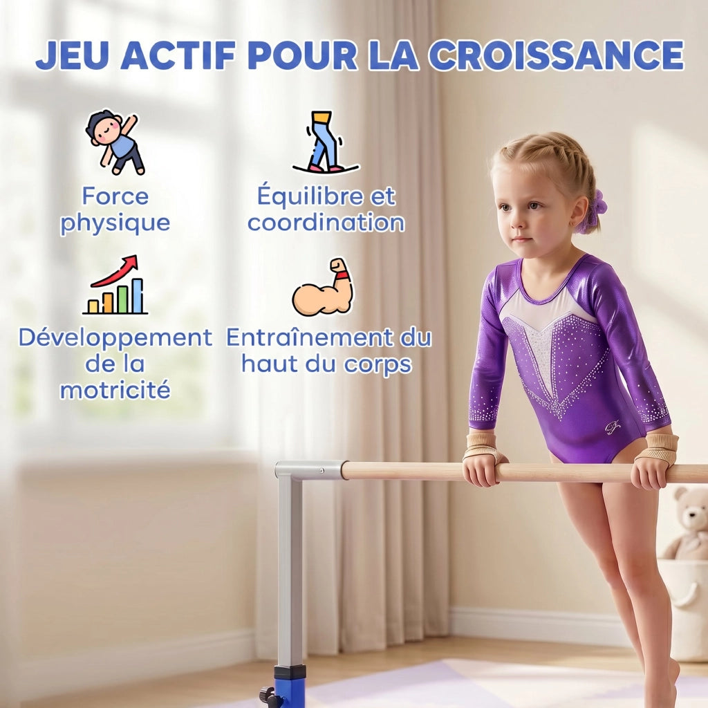 Barra di Ginnastica Regolabile per Bambini ¨C zephmum ¨C Legno di Faggio Blu 92-150 cm
