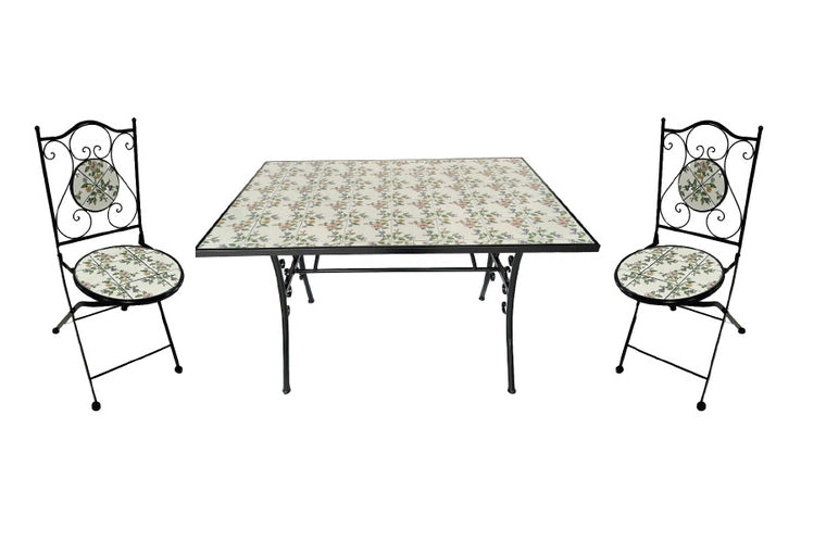 Set montecarlo mosaico rettangolare con piano decorato in ceramica 120 x 80 x h 75 cm con 2 sedie pieghevoli