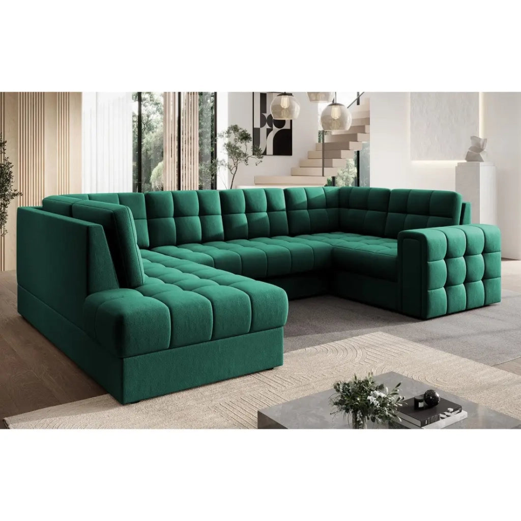 Divano ad angolo convertibile MONTEZA verde sinistro 299 cm con vano contenitore e letto