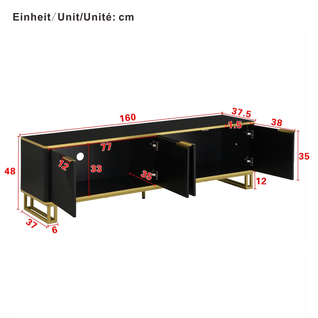 Mobile TV geometrico con quattro ante, struttura in MDF e telaio in ferro, 160 x 37,5 x 48 cm, nero