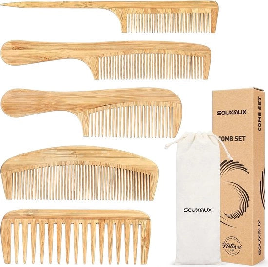 Set di pettinature per uomo e donna, pettine in bambù naturale con denti grossi, pettine per stile con resistenza al calore, pettine fine, pettine antistatico manuale per capelli lunghi, corti, spessi, sottili.