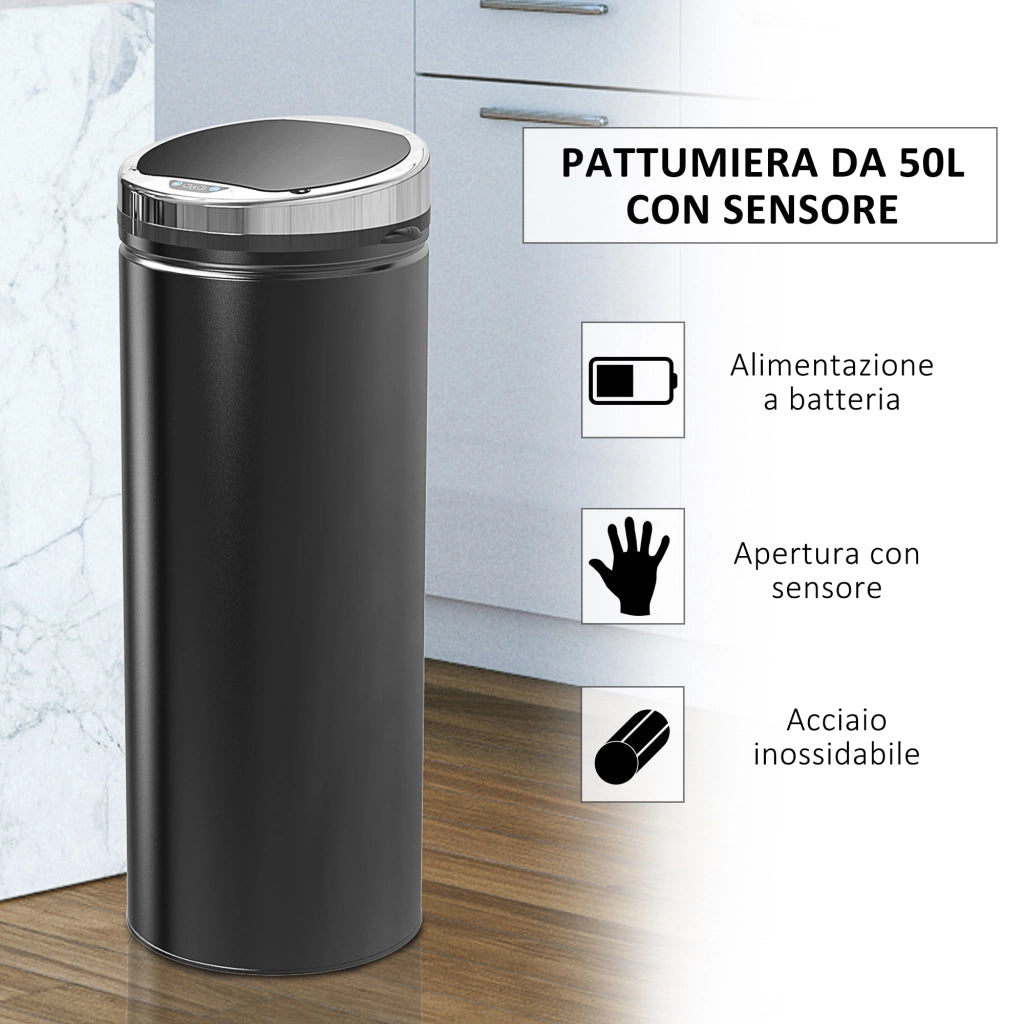 Pattumiera Automatica con Sensore a Infrarossi e Capacit¨¤ 50L, Pattumiera Cucina in Acciaio e Plastica, Nero, 30.5x30.5x81.5cm