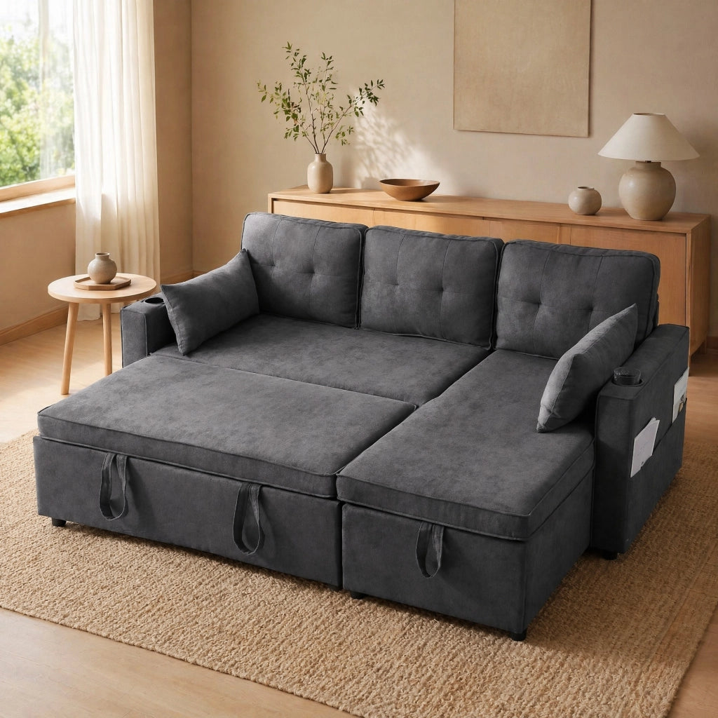 SOFA LETTO Reversibile con contenitore 211x130x86 cm Grigio Cotone/Lino