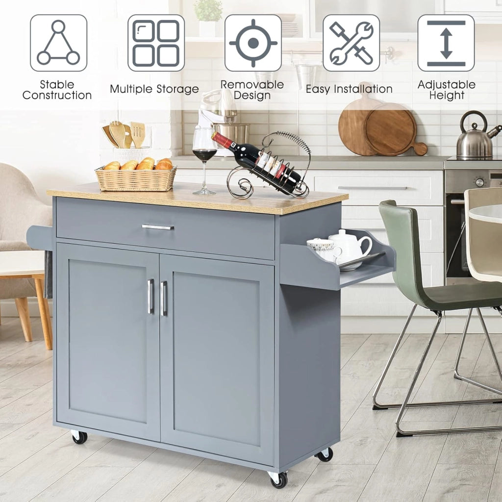Carrello da Cucina, Credenza Mobile con Cassetto, Anta Doppia, Portaspezie e Portasciugamano, Ripiani Regolabili, Ruote con Freni, Portata di 50 kg, 116x40x85 cm, 4 Colori (grigio)