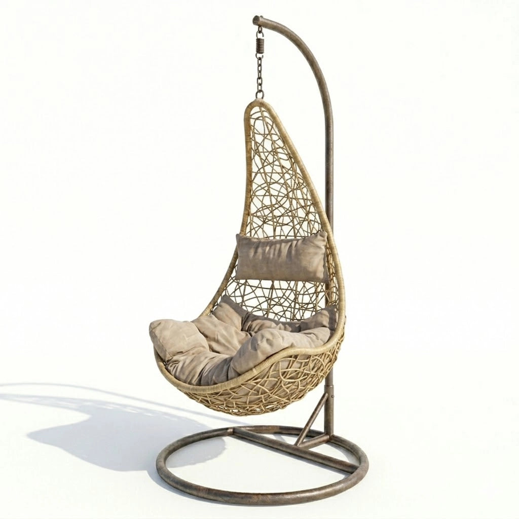 Poltrona Sospesa Da Giardino Con Struttura Autoportante In Metallo Seduta In Polyrattan Con Cuscino E Poggiatesta Arredo Outdoor Terrazza Balcone E Veranda 105 x 195 Cm Beige