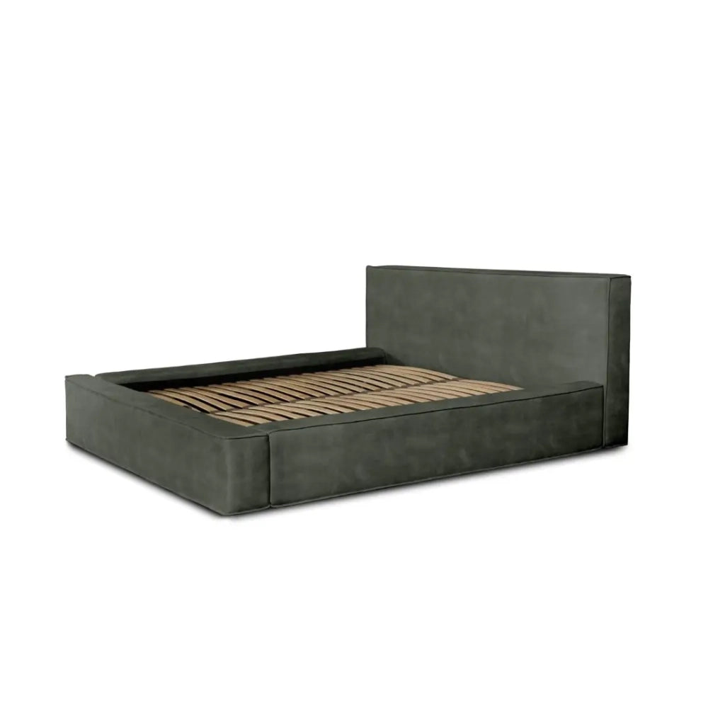 Letto contenitore VELORA – Verde abete – 160x200 cm – Tessuto velluto morbido – Rete sollevabile – Contenitore integrato