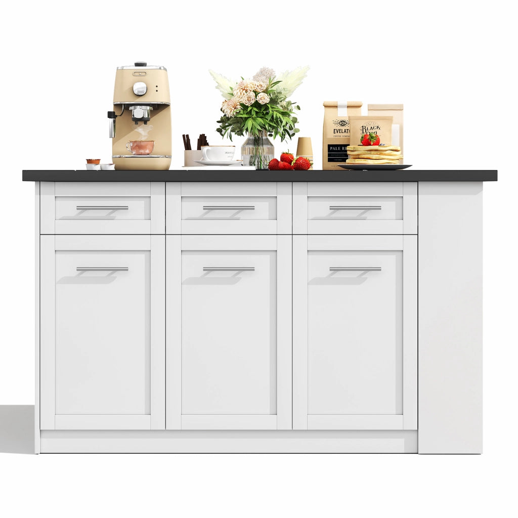 Isola da Cucina 150/246x90x90 cm con Tavolo Estraibile 96 cm; Piano Effetto Marmo; 6 Cassetti e Ripiani