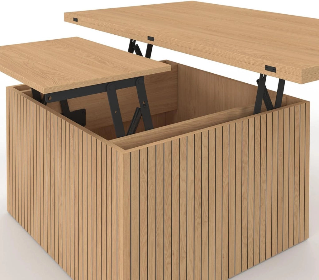 Tavolino da caffè con piano sollevabile rettangolare convertibile in tavolo da pranzo Juliette 100 cm effetto stecche legno