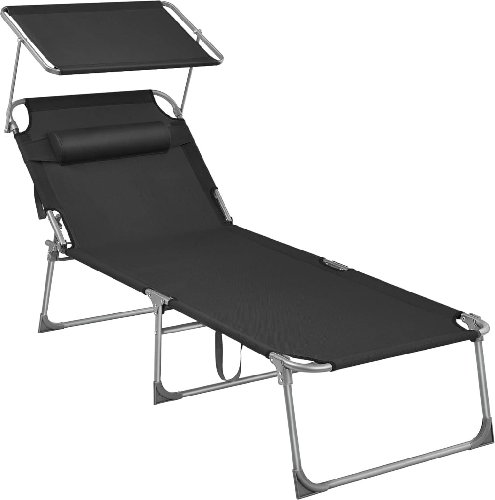 SONGMICS Lettino Prendisole Largo, Sedia a Sdraio Pieghevole, 71 x 200 x 38 cm, Max Portata 150 kg, con Poggiatesta Parasole e Schienale Reclinabile, per Terrazzo Piscina Giardino, Tortora GCB022K01