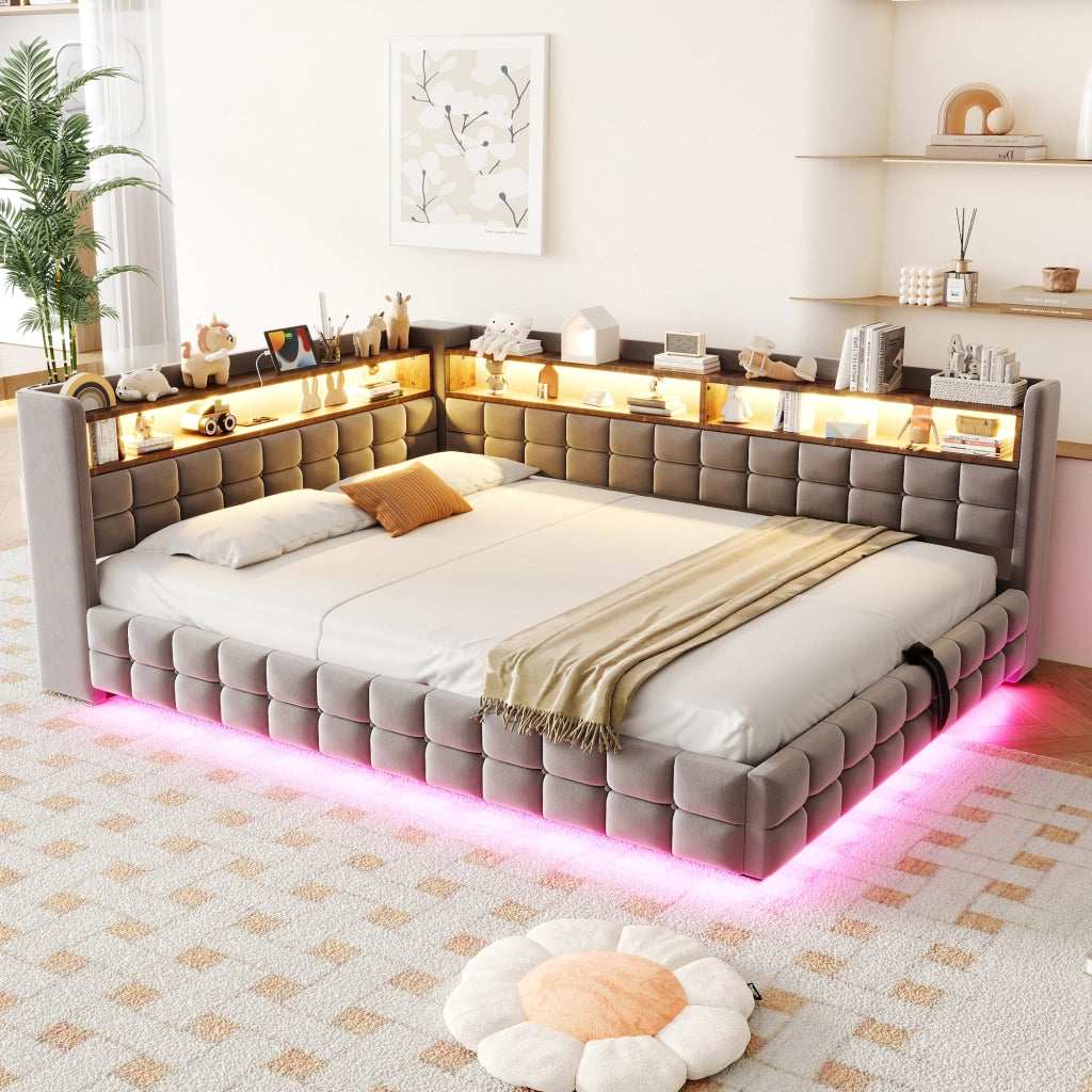 Divano letto 140 × 200 cm con contenitore idraulico; ripiani in legno; LED e prese USB Type-C; velluto grigio chiaro