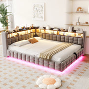 Divano letto 140 × 200 cm con contenitore idraulico; ripiani in legno; LED e prese USB Type-C; velluto grigio chiaro